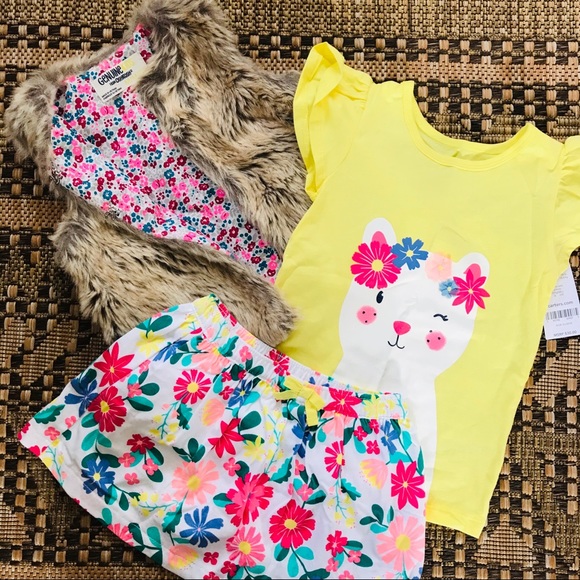 (3) NWT Carter’s Set Floral Skirt Cat Top Fur Vest - Picture 2 of 5